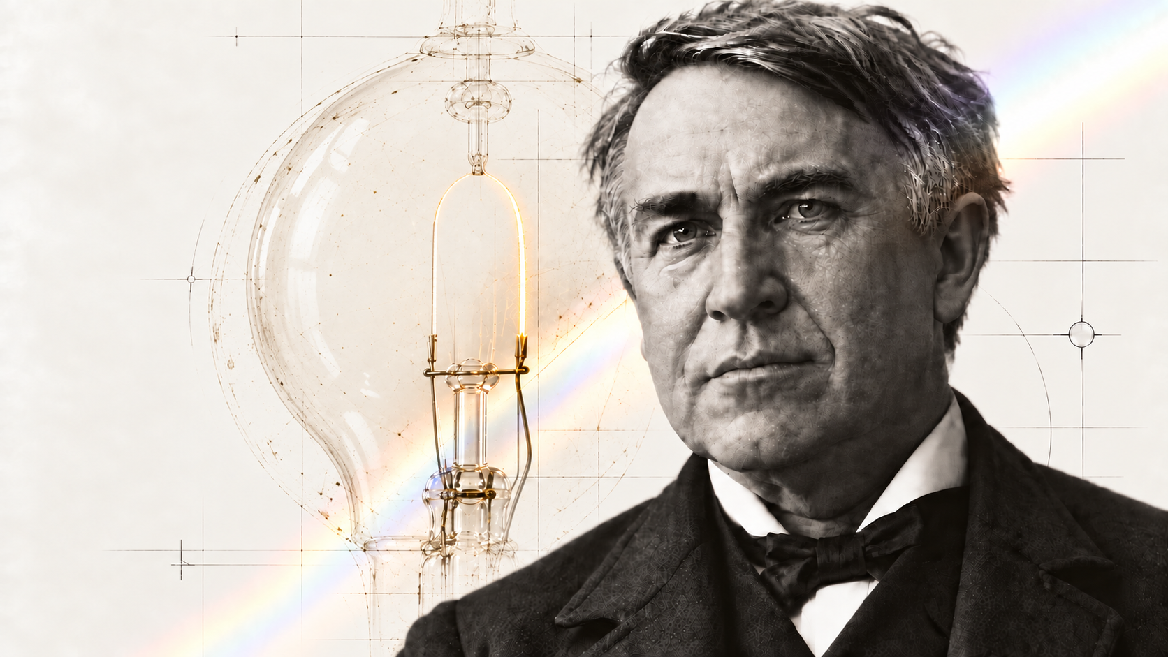 Edison portrait beside an illuminated bulb, with scientific linework and rising prismatic light.