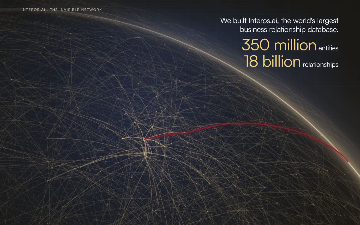 Interos visualization showing the fully revealed global network, with 350 million entities and 18 billion relationships.